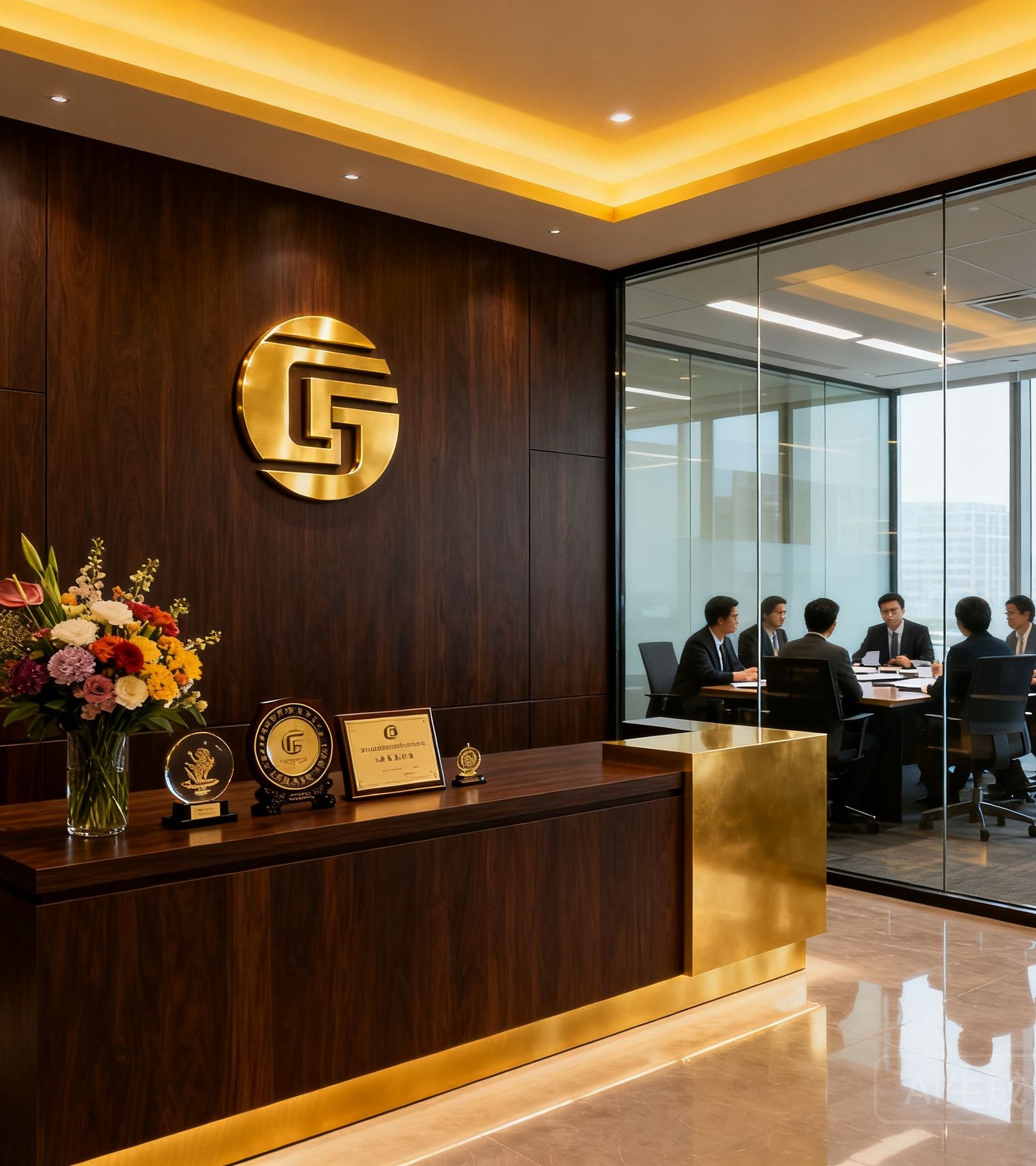 俄罗斯贵宾会集团北京总部前台接待区，深色木质背景墙上镶嵌着金色集团标志，前台桌面摆放着鲜花和会员企业赠送的纪念品，右侧是通透的玻璃会议室可以看到团队正在讨论。