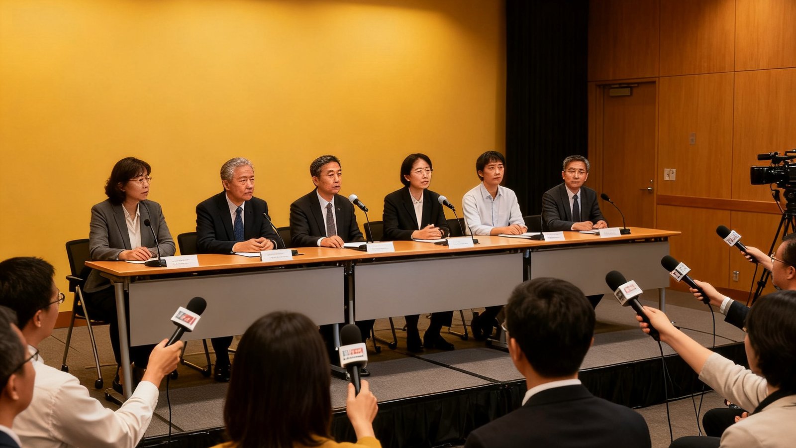 紧急公关危机应对模拟演练现场，参与者坐在模拟新闻发布会的长桌后面，面对台下扮演记者的工作人员提问，气氛紧张而专注。