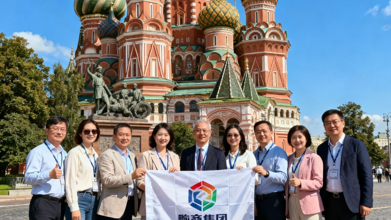 海外商务考察团在莫斯科红场前的合影，团员们身着商务休闲装手持集团旗帜，背景是圣瓦西里大教堂的彩色洋葱顶和湛蓝天空。