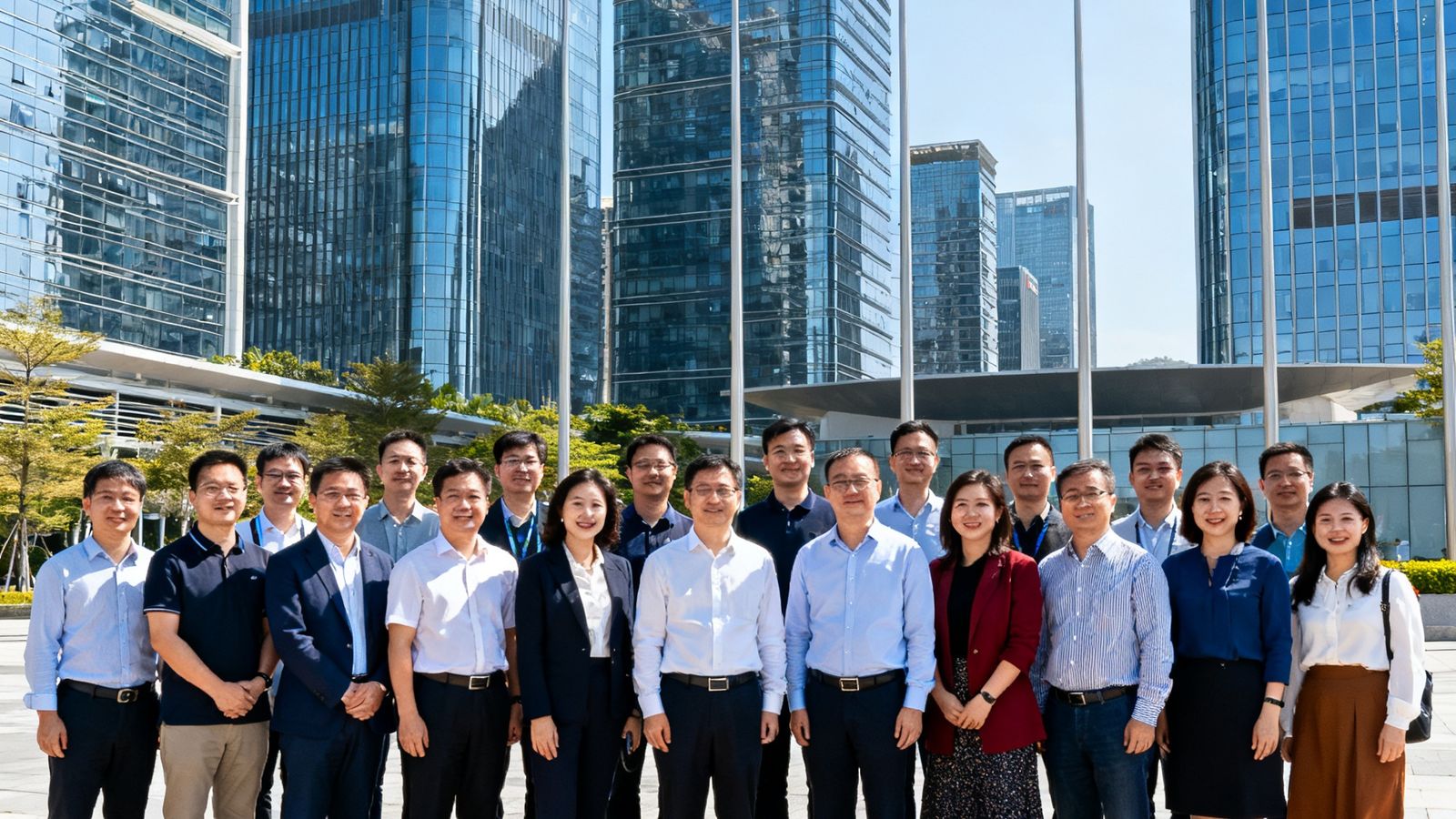 三十余位会员企业代表在深圳前海自贸区参访时的合影，背景是现代玻璃幕墙写字楼群与飘扬的企业旗帜，阳光明媚，众人神情专注而愉悦。