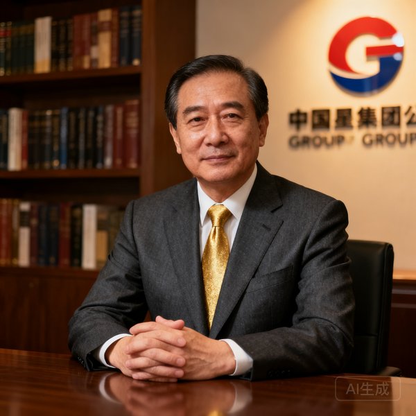 集团总裁赵维中的职业肖像照，五十岁左右男性，身着深灰色定制西装搭配金色领带，双手交叉放在桌前，背景是书架和集团标志，神情沉稳自信。