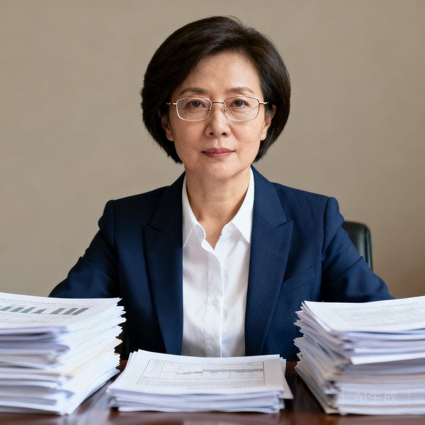 研究总监苏婉清的专业肖像，四十岁左右女性，短发干练，佩戴细框眼镜，身着白色衬衫和深蓝色西装外套，坐在堆满研究报告的办公桌后，目光锐利。