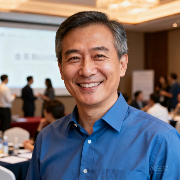 运营副总裁马骏的半身肖像，四十五岁左右男性，面带微笑，穿着蓝色商务衬衫，背景是正在进行的会员沙龙活动现场，可见参会者交流的身影。